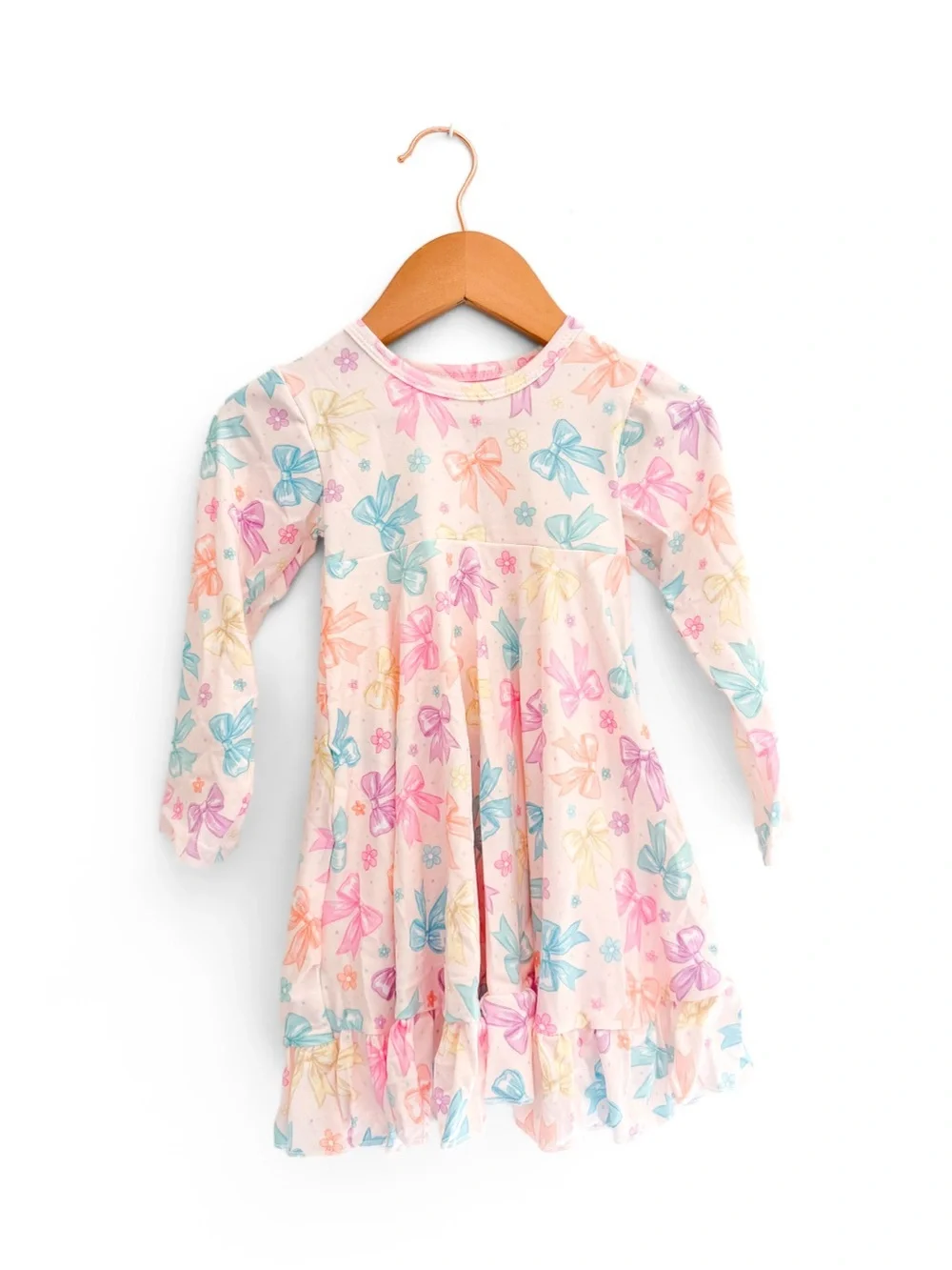 Girls' Long-Sleeve Pastel Bow Print Dress